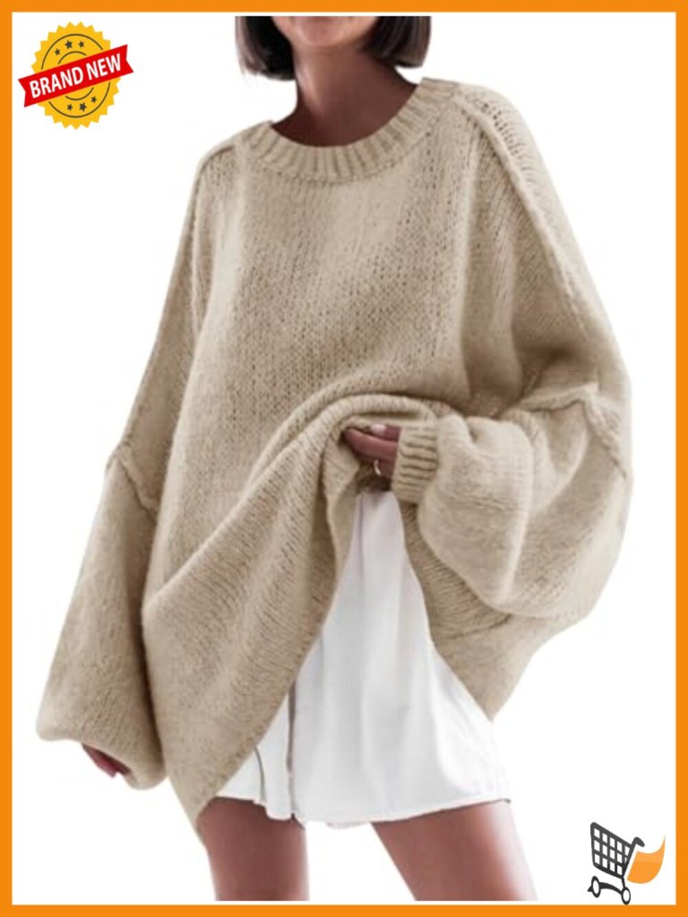 Oversized Chunky Knit Crew Neck Pullover Sweater Women Long Lantern Sleeve